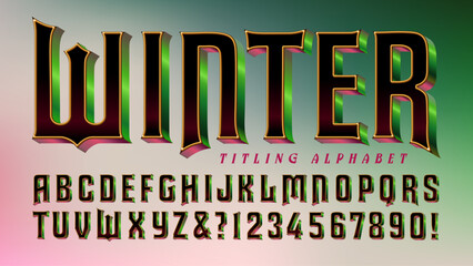 Winter is a black 3d styled retro alphabet with shiny reflected edges in emerald green and magenta.