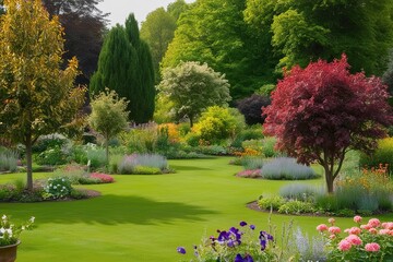 Obraz premium Serene Secluded Area with Diverse Trees and Vibrant Garden Flowers in a Lush Landscape