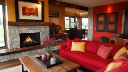 Fototapeta premium Cozy Living Room with Modern Design and Fireplace