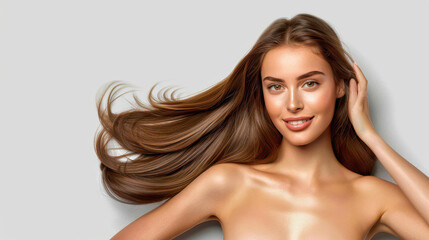 Obraz premium Stunning woman with flawless skin and lustrous hair against a soft grey backdrop, radiating natural beauty.