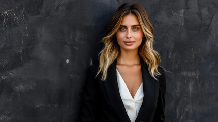 Fototapeta premium A poised woman in a sleek blazer exudes professionalism and grace, showcasing her wavy hair in a stylish office setting.
