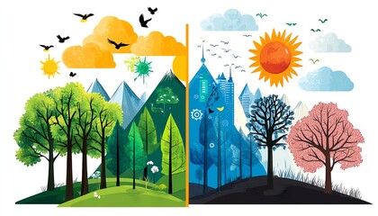 Illustration of seasonal transition between vibrant summer and whimsical winter, highlighting changing landscapes and atmospheric elements.