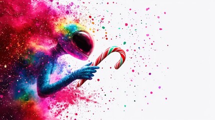 Colorful alien holding a candy cane, abstract cosmic background.