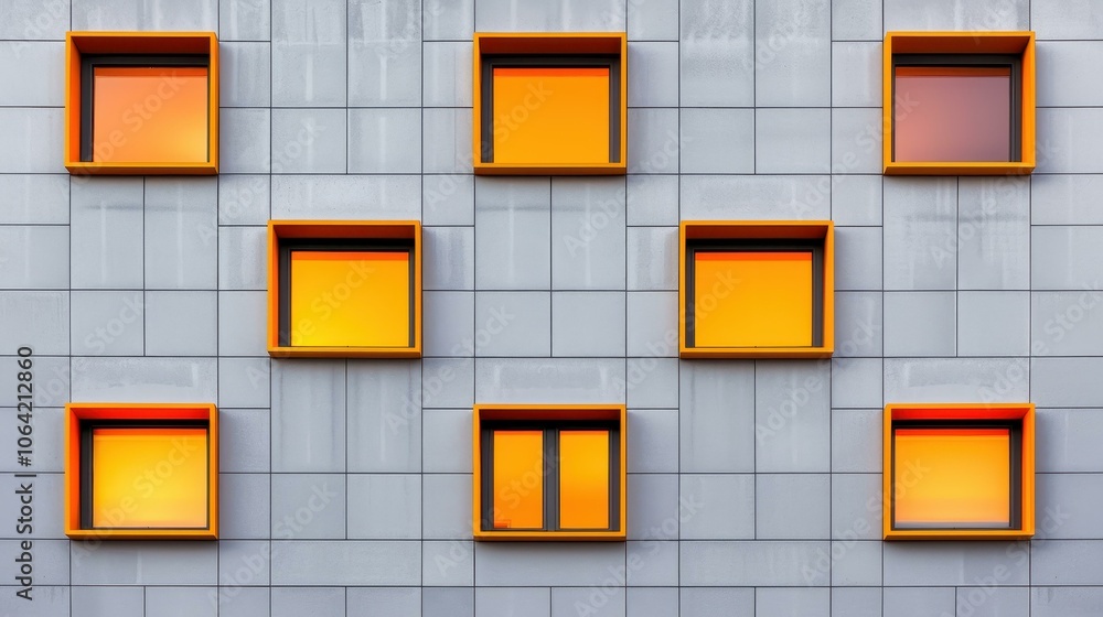 Poster vibrant building facade showcasing a stunning array of colorful illuminated windows, creating a stri