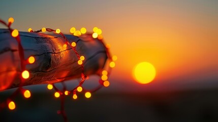 Experience the warm, soft glow of blurred bokeh lights against a stunning sunset backdrop adorned with yellow string lights.