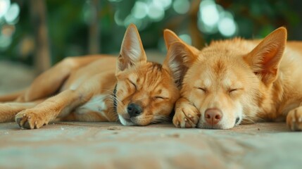 Naklejka premium A cozy moment in the garden, a cat and dog peacefully resting side by side amidst a soft, blurry backdrop.