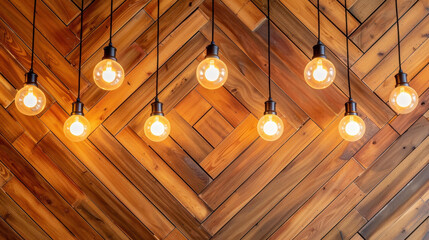 Elegant wooden ceiling adorned with chic lamps enhances the stylish ambiance of a cozy house interior.