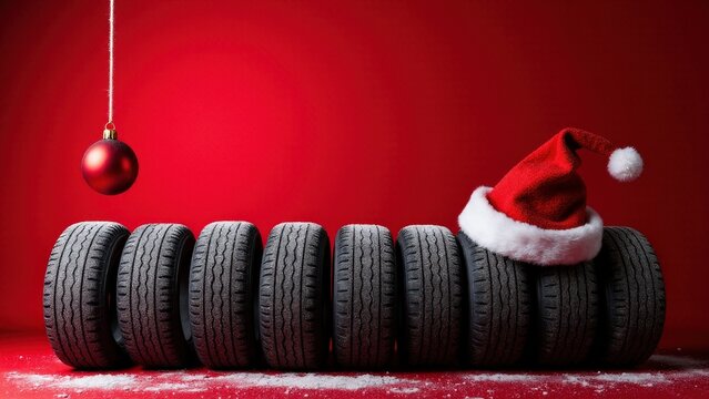 Christmas garage door banner featuring a mechanical theme with tires, Santa hat, and festive ornament on red