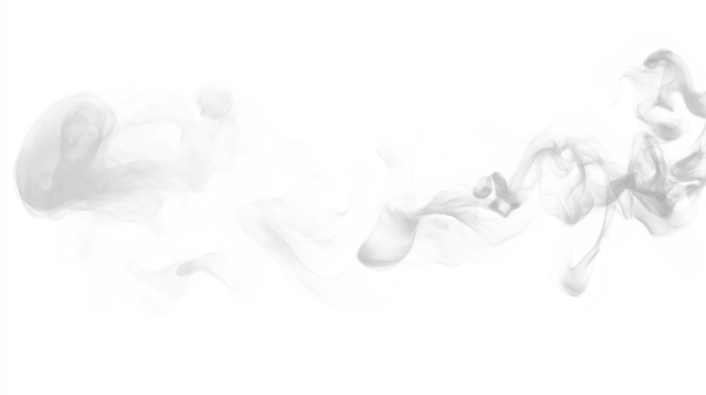 White smoke trail flows across frame. Isolated on transparent background, smoke particles vary in size, shape, creating depth, dimension. Smooth, flowing motion, abstract element, design curve,