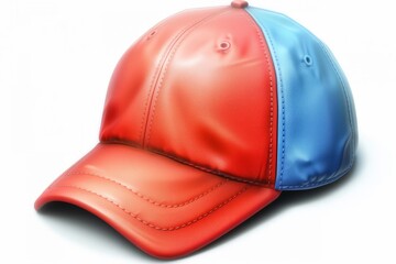 Fototapeta premium Red and blue two-tone baseball cap with detailed stitching on white background. Close-up product shot