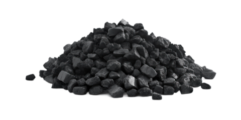 Close-up view of a pile of black coal. Coal varies in size, scattered randomly. Light gray background contrasts with dark coal. Top-down perspective shows entire coal pile. Transparent isolated png.