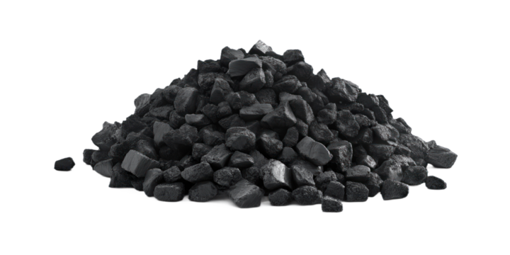 Close-up view of a pile of black coal. Coal varies in size, scattered randomly. Light gray background contrasts with dark coal. Top-down perspective shows entire coal pile. Transparent isolated png.