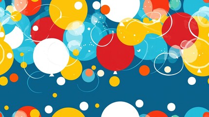   A blue background adorned with numerous colorful circles on top and bottom, featuring an orange, red, yellow, white, blue, red, and white theme