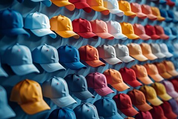 Fototapeta premium Wall display of colorful baseball caps arranged in rows