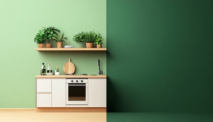 Modern kitchen with green walls and minimalist decor. Features plants on wooden shelves, oven, and kitchen accessories for a fresh ambiance.