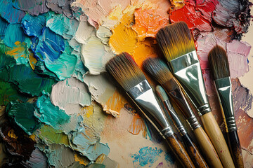 Fototapeta premium Assorted Paint Brushes and Palette on Textured Background – Creative Art Supplies for Painting, DIY Projects, and Artistic Inspiration