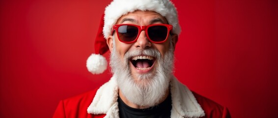 A joyful Santa Claus in a red suit and sunglasses, exuding holiday cheer and festive spirit....