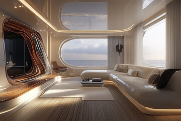 Luxury yacht interior with modern furnishings
