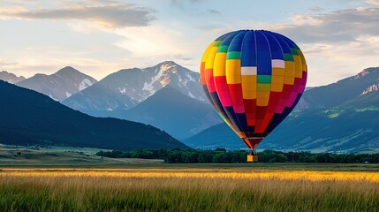 Obraz premium A rainbow-colored hot air balloon soars above a sea of tall green grass, with majestic mountains looming in the background