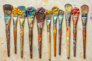 Assorted Paint Brushes and Palette on Textured Background – Creative Art Supplies for Painting, DIY Projects, and Artistic Inspiration