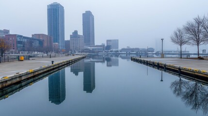 A foggy cityscape with reflections of skyscrapers in a calm harbor.