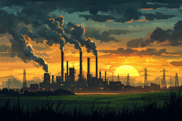 Industrial with smoking chimneys at sunset