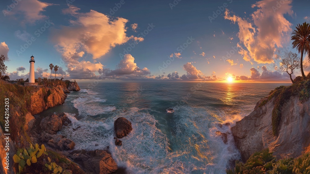 Poster a panoramic view of a lighthouse on a cliff overlooking the ocean at sunset with clouds and waves cr