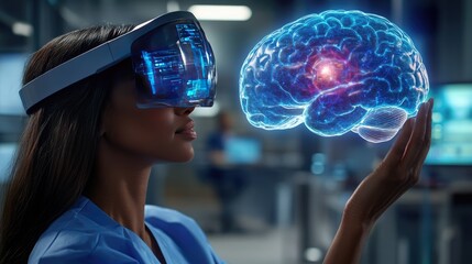 Woman Using VR Headset to Interact with 3D Brain Model