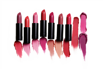 Collection of 9 assorted lipsticks in 3x3 grid. Bold reds, soft pinks, vibrant colors. isolated background, distinct styles, varied shades. Lipstick smear, smudge, swatch isolated, colorful, artistic,