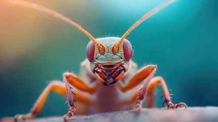 Fototapeta premium Captivating macro close up image showcasing the intricate details and vivid colors of an insect s compound eyes and antennae set against a blurred natural environment