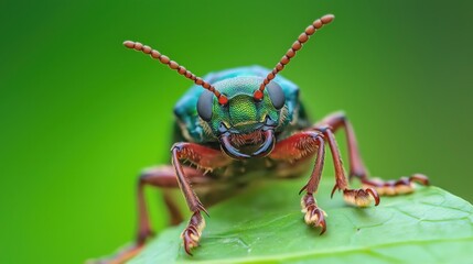 Naklejka premium Captivating macro close up photograph of a fascinating grasshopper insect resting on a vibrant green leaf showcasing the intricate details and patterns of its exoskeleton compound eyes