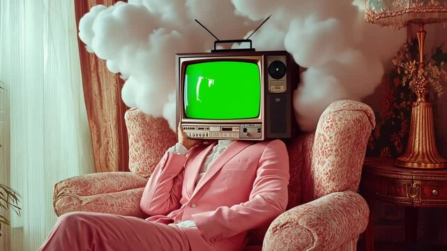 Surreal portrait of a man with a television for a head and a cloud for hair sitting in a pink armchair.