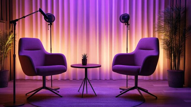 Two chairs and a table with a plant in front of a purple curtain, representing a professional space for a meeting or conversation.