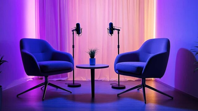 A minimalist podcast studio setup with two chairs, a small table, and two microphones.