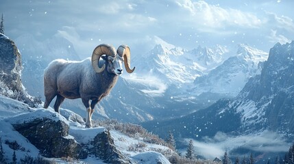 Naklejka premium A majestic bighorn sheep stands on a snowy mountain peak with a breathtaking view of the snowy mountains in the background.