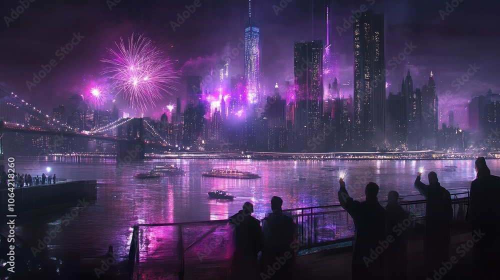 Poster a futuristic cityscape with fireworks exploding over the water and a bridge in the foreground. peopl