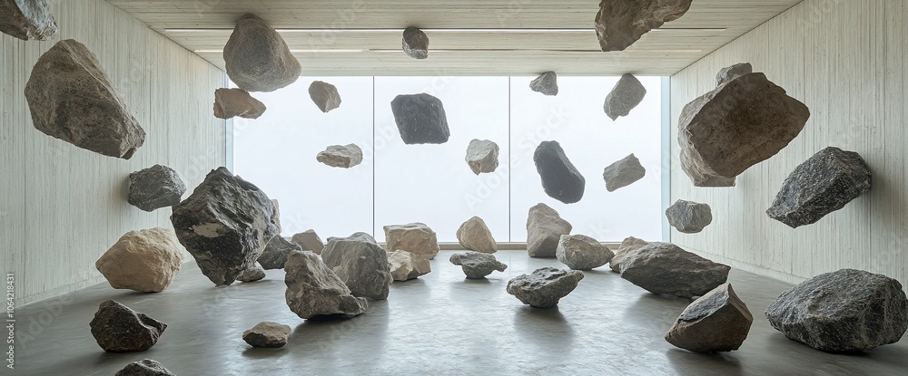 Poster large rocks appear to float in a white gallery space with a large window.