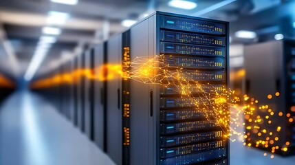 A captivating image capturing the essence of a cutting edge server room, with rows of interconnected servers pulsating with neon lights to indicate the flow of data and information