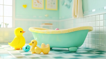 Cute Bath Time Scene with Rubber Ducks and Pastel Colors