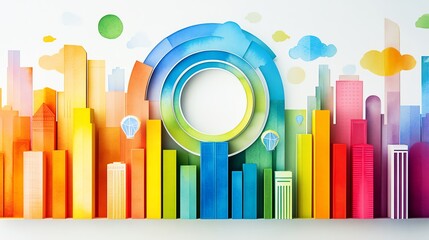 Vibrant abstract cityscape with colorful geometric shapes and circles, capturing urban energy and creativity in a modern design.