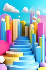 Vibrant abstract landscape with colorful geometric shapes and clouds, evoking a playful and imaginative atmosphere, perfect for creative projects.