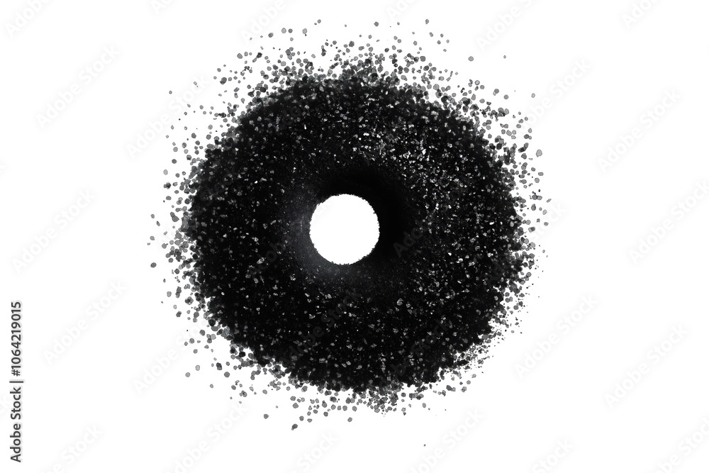Poster Black powder splatter in circular shape with hole. Isolated on transparent background. Dots scattered in various directions. Random texture pattern with black spots on white. Alpha mask.
