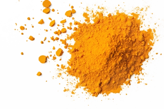 Vibrant orange turmeric powder in close-up view with small black dots. Slightly tilted mound on isolated background, isolated and dry. Texture is smooth with speckles, aromatic and healthy ingredient.