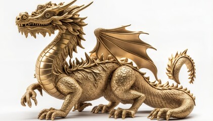 Fototapeta premium A golden dragon statue showcasing intricate details, scales, and sharp features, symbolizing power and mythology, set against a white background..