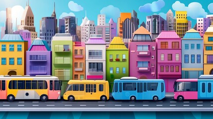 Vibrant cityscape with colorful buildings and buses on a sunny day, showcasing urban life and modern architecture in a lively neighborhood.