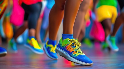 Colorful sneakers in motion at energetic zumba dance and fitness class