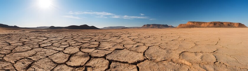 Dry, Cracked Earth in a Desert Landscape with Mountains in the Distance