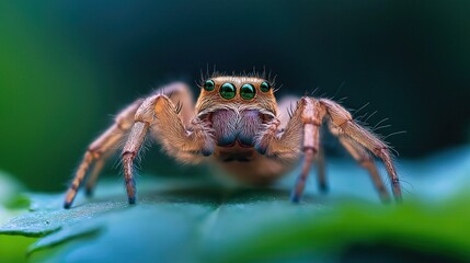 Mesmerizing macro shot of a curious spider with intricate features and compound eyes crawling on a vibrant green leaf in a natural outdoor setting