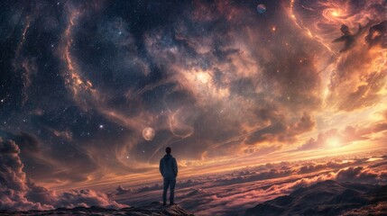 A man stands on a mountain peak, gazing at a surreal cosmic sky filled with stars, swirling nebulae, and vibrant clouds during sunset..