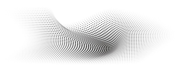 Flowing Wave Dot Halftone Pattern: Curve Gradient Shape on Transparent Background. Suitable for AI, Tech, Network, Digital, Science, and Technology Themes.